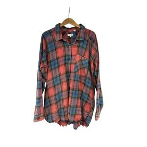 Gilded Intent Distressed Raw Hem Plaid Button Up Shirt Tunic Western Boho XL